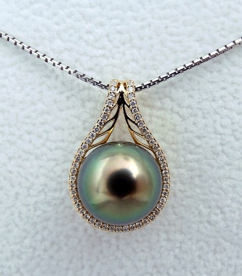 HS Jewellery - Tahitian pearl, Bright Peacock Dream 10.7 mm - Pendant, 18 kt. Yellow Gold - Diamonds