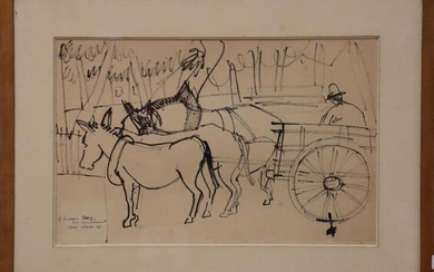 HUGON Jean (1919 - 1990) « La charette » dessin signé en bas à gauche, daté 47 et dédicacé - 31x49