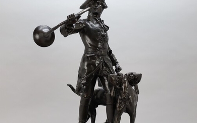 Hanche MOREAU. (après) "Chasseur au clairon et aux chiens", réplique de sculpture en bronze -...