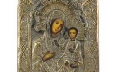 Hand painted Russian orthodox icon with silver plated