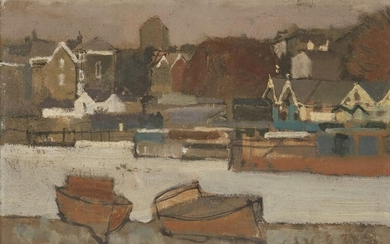 Harry Rutherford, British 1903–1985 - Boats on the river; oil on card, 27.7 x 37.9 cm (ARR) Note: Rutherford, alongside L.S. Lowry, was a part of the so-called Northern School of Artists that depicted the post-industrial landscape of northern...