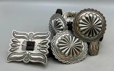 Hefty Vintage Sterling Silver Concho Belt With Deep Repousse And Stamp Work