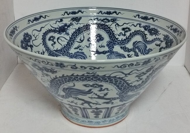 Huge 22.5in Chinese Bowl Blue White Porcelain Dragon
