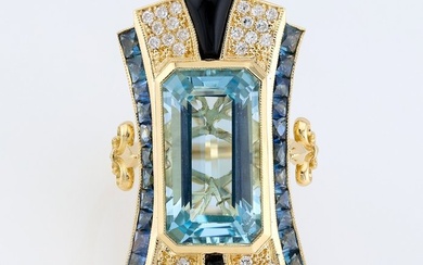 (IGI Certified)-Aquamarine (6.97) Cts Sapphire (1.47) Cts (22) Pcs Onxy (0.97) Cts (2) -Diamond - Ring - 18 kt. Yellow gold