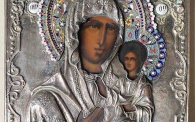 Icon - Mother of God of Smolensk - Enamel, Silverplate, Wood