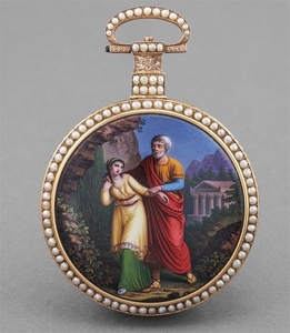 Ilbery, An exceptional yellow gold, pearl-set and enamel open face centre seconds duplex escapment pocket watch with enamel caseback depicting Antigone and her father Oedipus, made for the Chinese market
