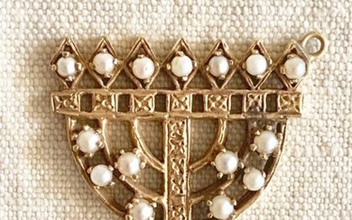 Israeli artist- judaica - a magnificent pendant - menorah with pearls- Art Deco - .585 (14 kt) gold