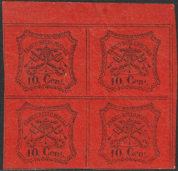 Italian Ancient States - Papal State 1867 - 2nd issue 10 cents orange vermilion top margin block of four - Sassone N. 17