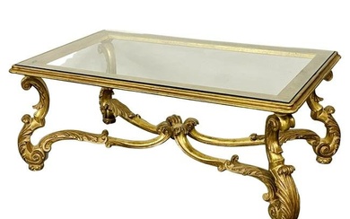 Italian Carved Glass Top Coffee Table, Gilt Wood, Hollywood Regency, Mid Cent