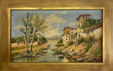 Italian Oil on Canvas Landscape Painting, signed