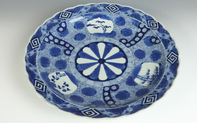 JAPANESE BLUE AND WHITE PORCELAIN CHARGER WITH SCALLOPED EDGE; MEDALLION...