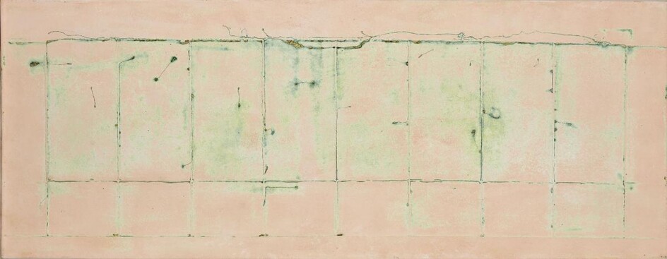 Jenny Wiggins, British, active since 1996 - Pink Landscape, 2004; acrylic, collage and graphite on canvas, signed, titled and dated on the reverse 'Jenny Wiggins Pink Landscape 2004', 35.8 x 91.2 cm: together with 2 other works by the same artist...