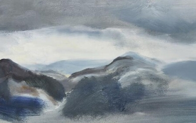 John Hitchins, British b.1940 - Blue-grey Hills, 1969; oil on canvas, signed lower right 'John Hitchens' and annotated with title, date and artist's address on the reverse, 35.5 x 111.3 cm (ARR) Provenance: the estate of the late designer Anthony...