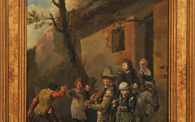 Karel Dujardin (1626 Amsterdam - 1678 Venise) Successeur Musiciens ambulants devant une ferme Représentation scénique...