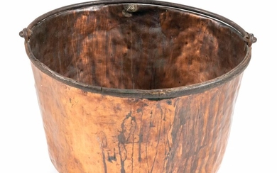 LARGE COPPER BUCKET With wrought iron handle and rim. Height 14.5". Diameter 24".
