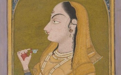 Lady holding a Wine Cup, by a Pahari artist working in the Garhwal style, 1780-1800, opaque watercolours heightened with gold on paper, 29.8 x 18.6cm. A heavily bejewelled lady is seated at a white marble balcony holding a blue-and-white porcelain...