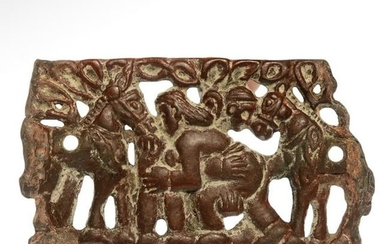 Large Ordos Bronze Plaque with Horses and Two Embracing