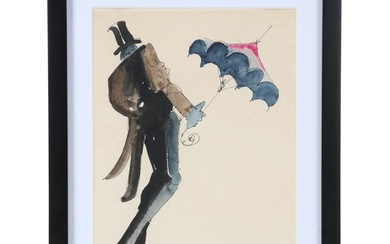 Leo Meiersdorff Ink and Watercolor Painting of Man Carrying Parasol