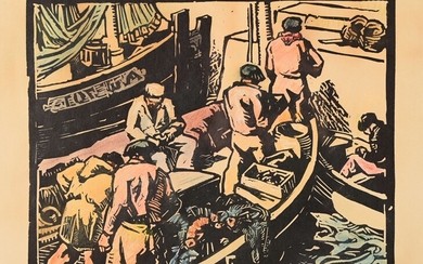 Lionel FLOCH (1895-1972) "Return of fishing" wood engraved sbd print "hors-série" 29x39