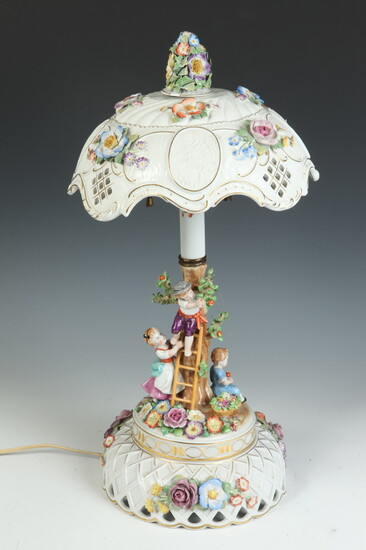 MEISSEN-STYLE GERMAN POLYCHROMED PORCELAIN FIGURAL TABLE LAMP. Orchard scene with...