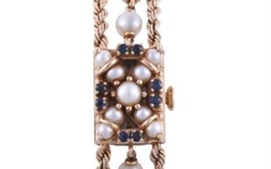 MOVIGA, LADY'S GOLD COLOURED, CULTURED PEARL AND SAPPHIRE CONCEALED BRACELET WATCH