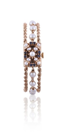 MOVIGA, LADY'S GOLD COLOURED, CULTURED PEARL AND SAPPHIRE CONCEALED BRACELET WATCH