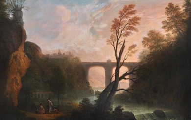 Manner of Claude Lorrain , Landscape with aquaduct and sunset