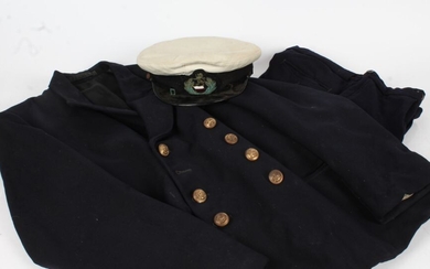 Merchant Navy Officers grouping, including Jacket and trousers, gilt Merchant Navy buttons, no size label, officers cap with white cap cover, ephemera relating to Mr James Stevenson of Falkirk, National Institute in Mechanical Engineering Certificate...