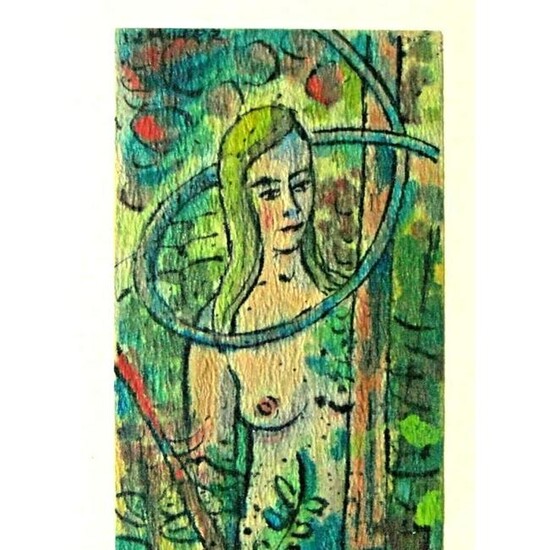 Mid Century Modern Mixed Media Painting, Nude, Garden