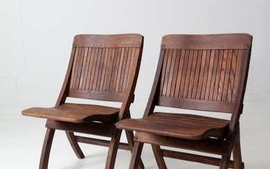 Mid-Century Slat Wood Folding Chairs Pair