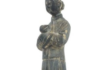 Mingqi - Pottery, Terracotta - An Unusual Gray Pottery Lady Guard of Honor, H-28 cm. - China - Yuan Dynasty (1279-1368)