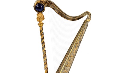 Miniature decorative Harpe doree et argentee avec lapis-lazuli. annees 1960 Habilement decore dans le respect...