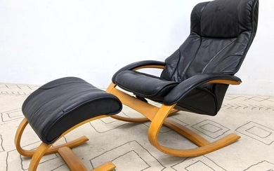 Modernist Molded Wood and Leather Rocking Chair and Ott