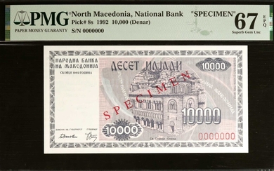 NORTH MACEDONIA. Narodna Banka na Makedonija. 10,000 (Denar), 1992. P-8s. Specimen. PMG Superb Gem Uncirculated 67 EPQ.