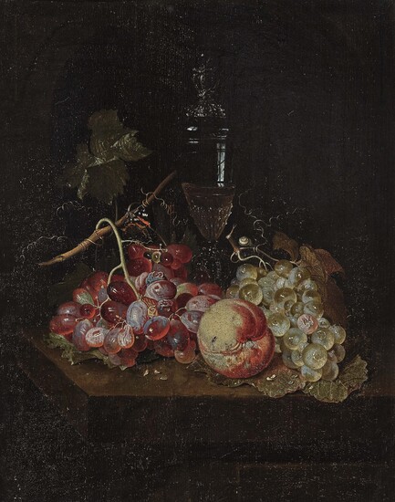 Nicolaes van Gelder1636 Leyde - 1676 Amsterdam, Nature morte de fruits avec gobelet en verre,...