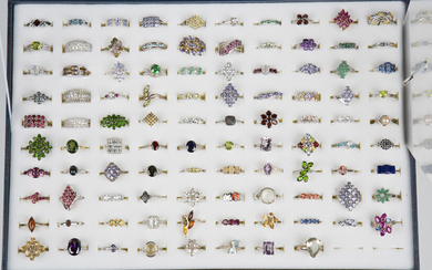 Ninety-eight gem set rings, mostly silver detailed '925', in a variety of designs, present