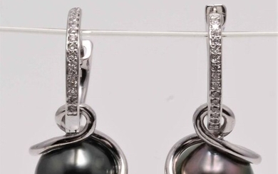 No Reserve Price - 14 kt. White Gold - 10mm Peacock Tahitian Pearl Drops - Earrings - 0.16 ct