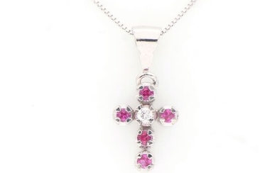 No Reserve Price - 18 kt. White gold - Necklace with pendant - 0.10 ct Rubies - Diamonds