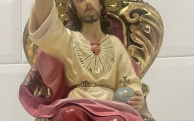 OLOT - Sculpture, SAGRADO CORAZÓN DE JESÚS ENTRONADO - 50 cm - Brass, Crystal, Gold, Wood, wood pulp - 1895