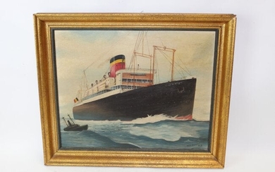 Oil on canvas painting of steamship signed Pauchet