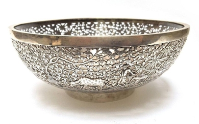 Openwork silver bowl with its glass cylinder decorated...