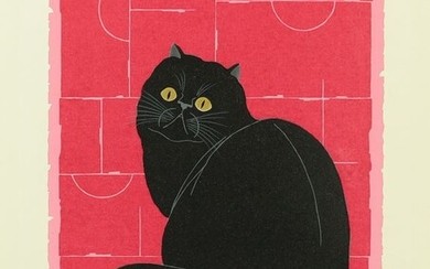 Original woodblock print - Paper - Black Cat with Golden Eyes - Nishida Tadashige 西田忠重 (b 1942) - 'Furikaeru (3) B' ふりかえる (3) B (Looking Back (3) B) - Signed and numbered by the artist 49/120 - Japan - 2003 (Heisei 15)