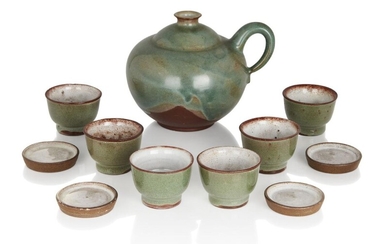 Otto Lindig (1895-1966), Teapot and six cups with four small dishes, circa 1940, Glazed earthenware, Underside incised marks, Teapot: 13cm high, Cup: 4.5cm high, Dish: 5.8cm diameter