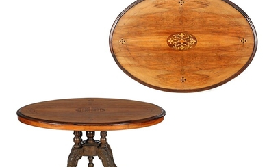 (-), Oval walnut veneer coffee table with marquetry...