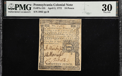 PA-155. Pennsylvania. April 3, 1772. 18 Pence. PMG Very Fine 30.