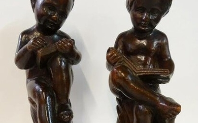 PAIR OF ANTIQUE CARVED WOOD SEATED PUTTI FIGURES 10" HIGH