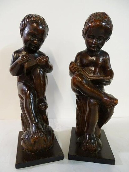 PAIR OF ANTIQUE CARVED WOOD SEATED PUTTI FIGURES 10" HIGH