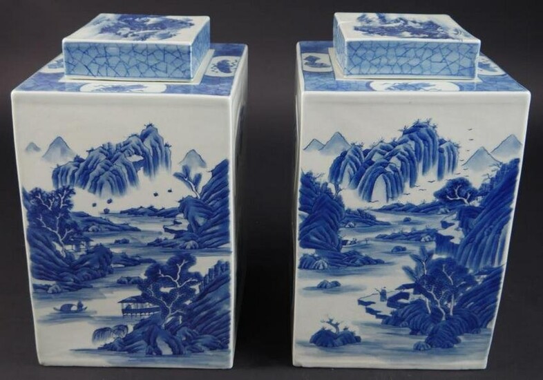PAIR OF BLUE AND WHITE SQUARE VASES