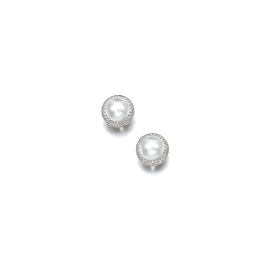 PAIR OF CULTURED PEARL AND DIAMOND EAR CLIPS