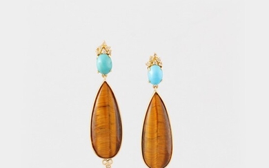 PAIR OF TURQUOISE, EYE OF TIGER DIAMOND AND GOLD EARRINGS